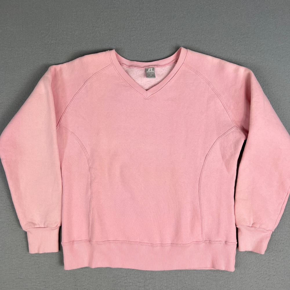 Y2K Russell Athletic V Neck Sweatshirt Womens M Pastel Boxy Comfy Faded USA